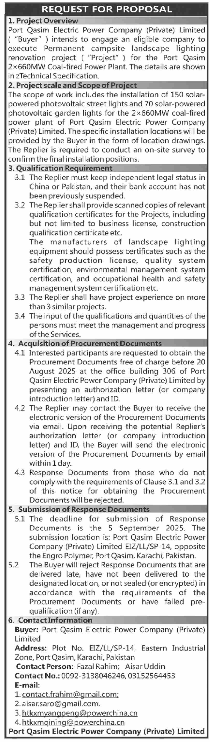 Port Qasim Electric Power Company Private Limited Karachi Tender Notice